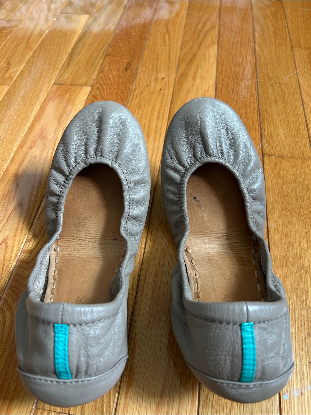 Tieks Light Brown/Khaki Leather Ballet Flats with Teal Trim - Picture 2 of 11